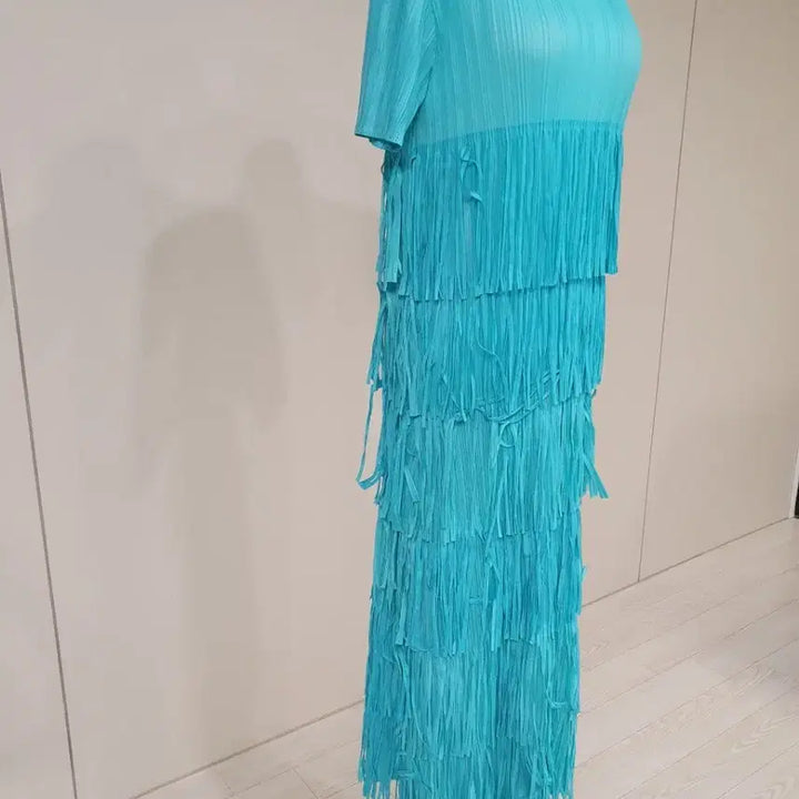 [BUNJANG] Turkey Blue Fringe Pleated Long Dress / 터키 블루 프린지 플리츠 롱 원피스