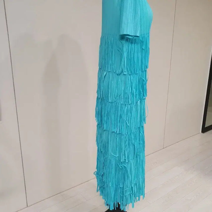 [BUNJANG] Turkey Blue Fringe Pleated Long Dress / 터키 블루 프린지 플리츠 롱 원피스