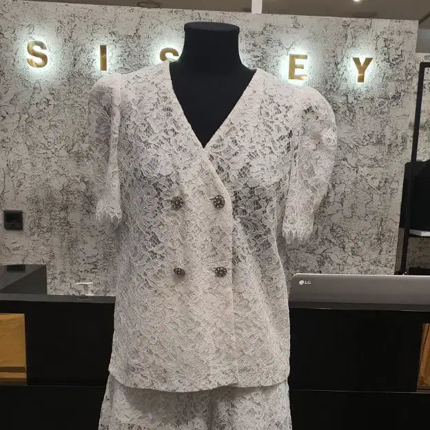 [BUNJANG] Sisley Lace Double-Breasted Short Sleeve Jacket / 시슬리 레이스 더블 반팔 자켓