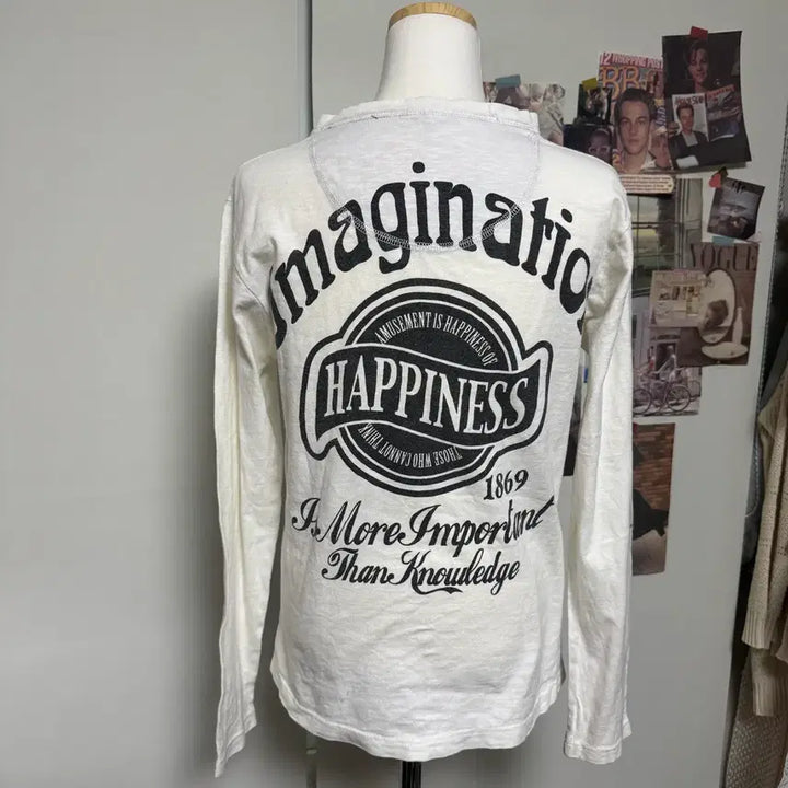 [BUNJANG] Vintage White Henry Neck Printing Long Sleeve T-Shirt / 빈티지 화이트 헨리넥 프린팅 긴팔티 y2k 롱슬리브