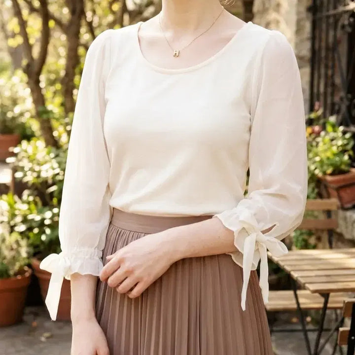 [BUNJANG] Sheer Sleeve Blouse - Cream Beige / 새상품 시스루 소매 블라티 ~날씬77