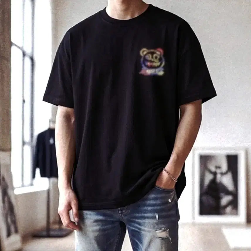 [BUNJANG] Black Bear Printing Cotton T-Shirt / 새상품 블랙 곰돌이 프린팅면티