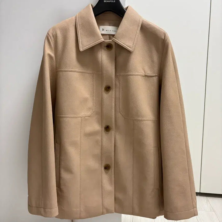 [BUNJANG] It Michaa Faux Leather Belted Jacket (Beige, Size 55) / 잇미샤 페이크 레더 벨티드 자켓(베이지 색상, 55 사이즈)