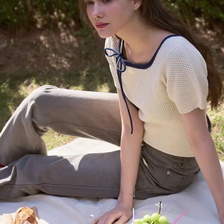 [BUNJANG] Drawfit Woman Ballon Ribbon Square Knit Top (Ivory) / 드로우핏우먼 발롱 리본 스퀘어 니트 탑 (아이보리)