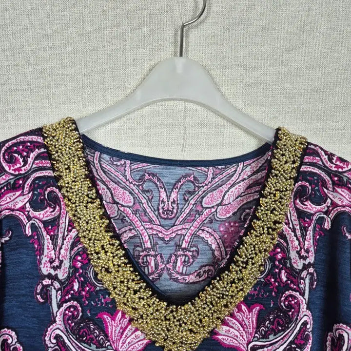 [BUNJANG] V-Neck Pattern Dress with Beaded Embellishments / (