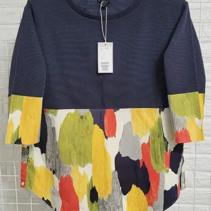 [BUNJANG] COS Cosmic Stitch Hybrid Top Navy Abstract Print Mix / [S]COS코스 아카이브 네이비X추상화프린트믹스 하이브리드탑 S