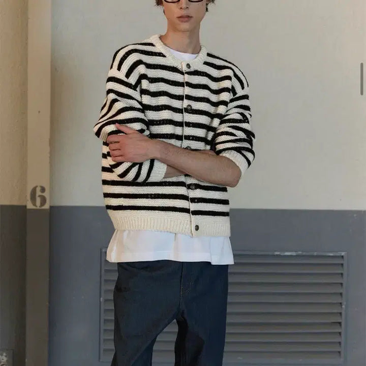 [BUNJANG] STU Round Neck Stripe Cardigan - Ivory / STU / 라운드 넥 스트라이프 가디건 / 아이보리