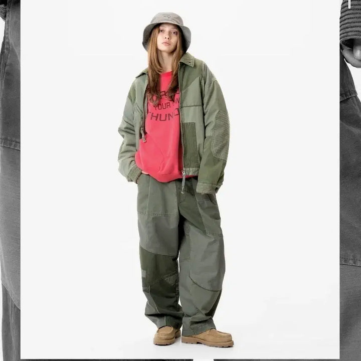 [BUNJANG] Midupdate Patchwork Khaki Field Jacket and Pants Set / 미드업데이트 패치워크 카키 야상/바지 셋업