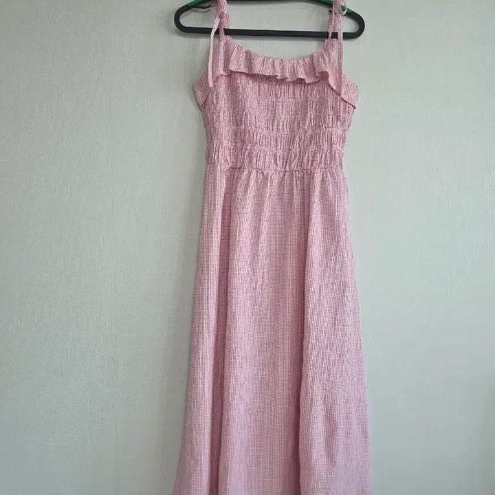[BUNJANG] Pink Gingham Check Sleeveless Long Dress / 핑크 깅엄체크 롱 원피스 끈나시