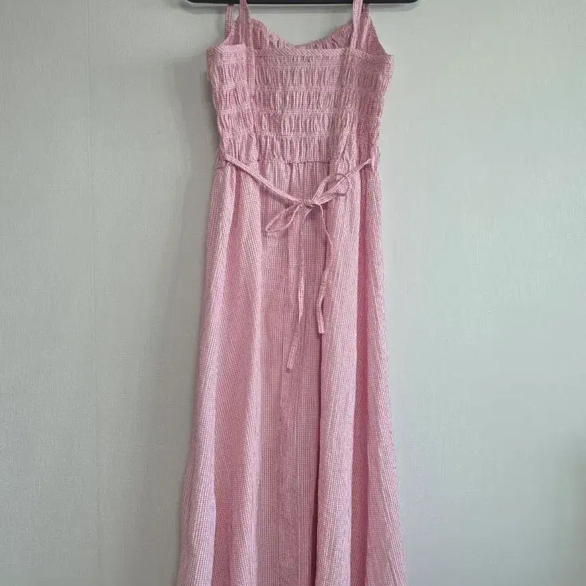 [BUNJANG] Pink Gingham Check Sleeveless Long Dress / 핑크 깅엄체크 롱 원피스 끈나시