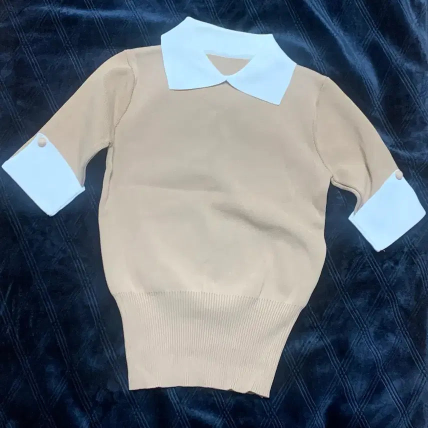 [BUNJANG] Colorblock Knit T-Shirt Short Sleeve / 카라 배색 니트 티셔츠 반팔