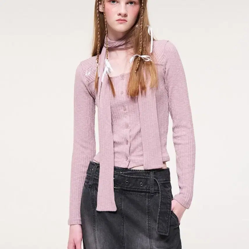 [BUNJANG] E.T.M.O.N. Ribbed Cardigan Knit Top with Scarf / 에트몽 스카프 리브드 골지 가디건 니트탑