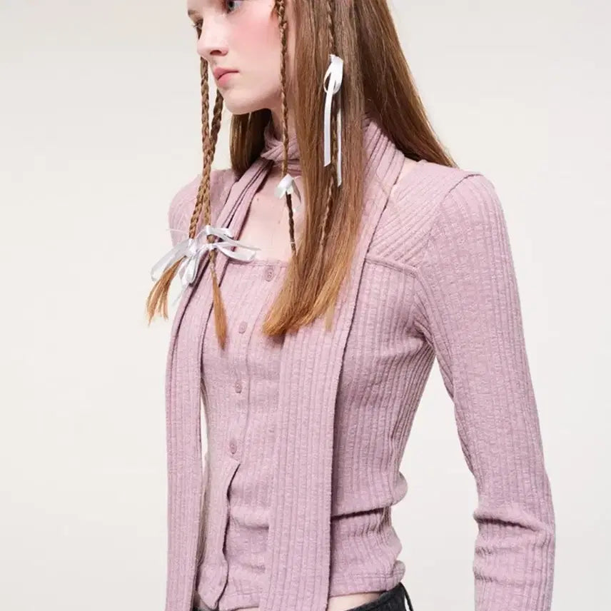 [BUNJANG] E.T.M.O.N. Ribbed Cardigan Knit Top with Scarf / 에트몽 스카프 리브드 골지 가디건 니트탑
