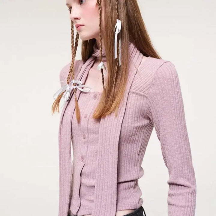 [BUNJANG] E.T.M.O.N. Ribbed Cardigan Knit Top with Scarf / 에트몽 스카프 리브드 골지 가디건 니트탑