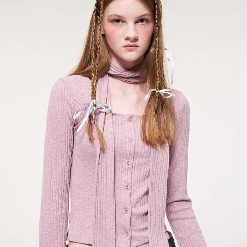 [BUNJANG] E.T.M.O.N. Ribbed Cardigan Knit Top with Scarf / 에트몽 스카프 리브드 골지 가디건 니트탑