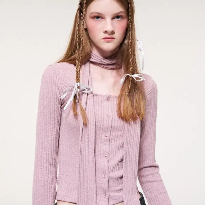 [BUNJANG] E.T.M.O.N. Ribbed Cardigan Knit Top with Scarf / 에트몽 스카프 리브드 골지 가디건 니트탑
