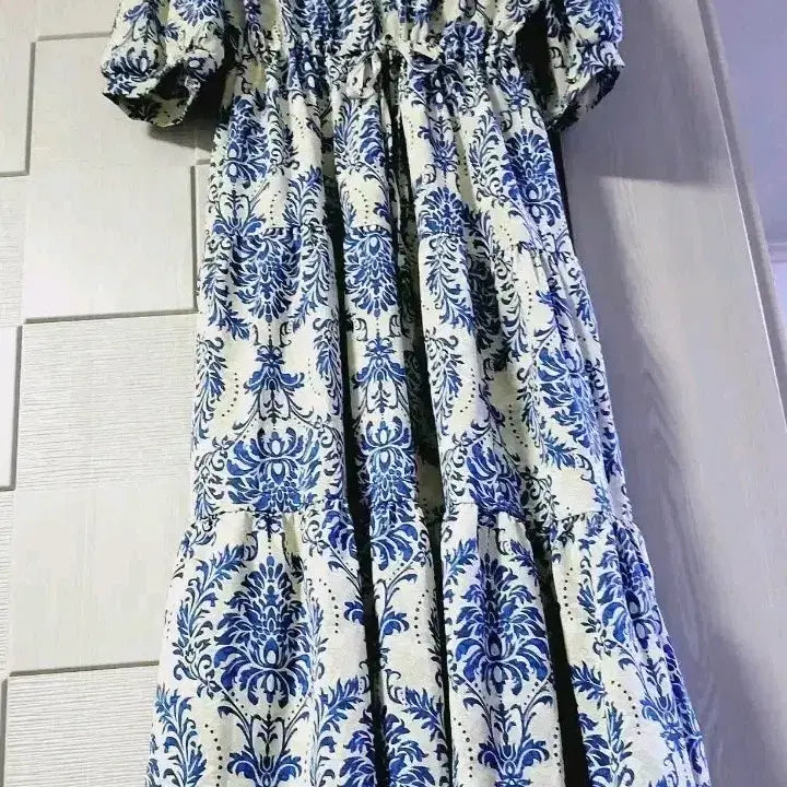 [BUNJANG] Flower Pattern Long Dress Blue/White / 플라워 패턴 롱 원피스 블루/화이트