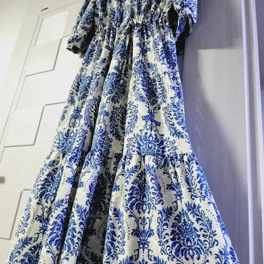 [BUNJANG] Flower Pattern Long Dress Blue/White / 플라워 패턴 롱 원피스 블루/화이트