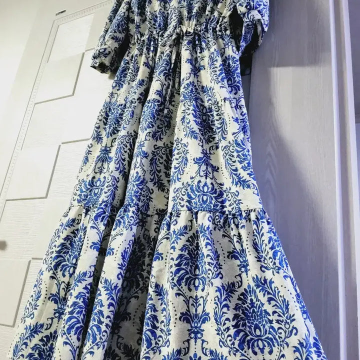 [BUNJANG] Flower Pattern Long Dress Blue/White / 플라워 패턴 롱 원피스 블루/화이트