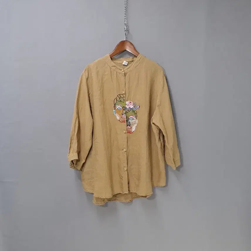 [BUNJANG] Linen Face Stitch Embroidered Mustard Shirt Blouse / 린넨 얼굴스티치 자수 머스타드 셔츠 블라우스