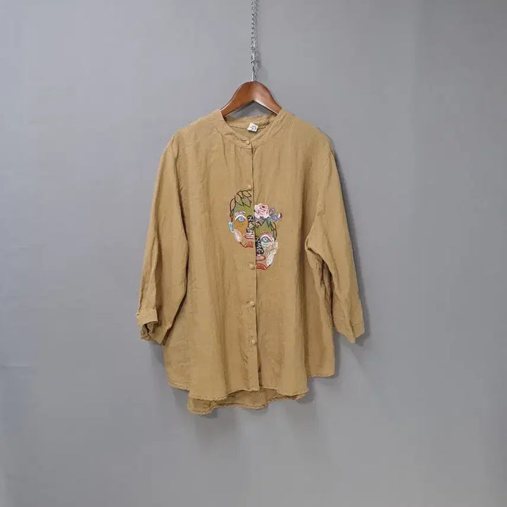 [BUNJANG] Linen Face Stitch Embroidered Mustard Shirt Blouse / 린넨 얼굴스티치 자수 머스타드 셔츠 블라우스