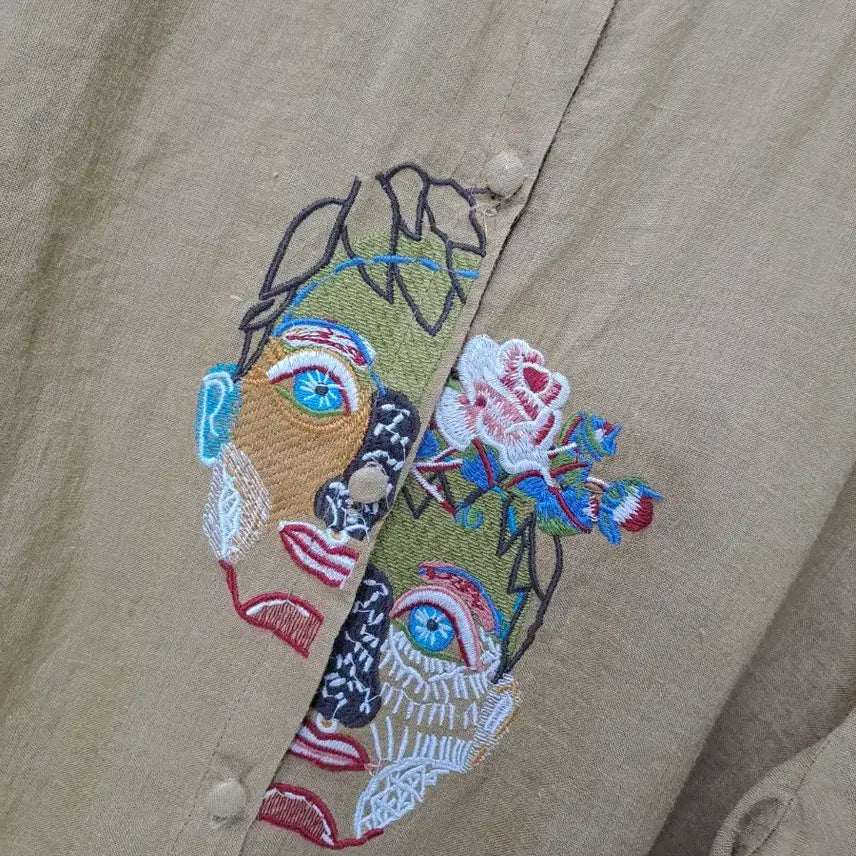 [BUNJANG] Linen Face Stitch Embroidered Mustard Shirt Blouse / 린넨 얼굴스티치 자수 머스타드 셔츠 블라우스
