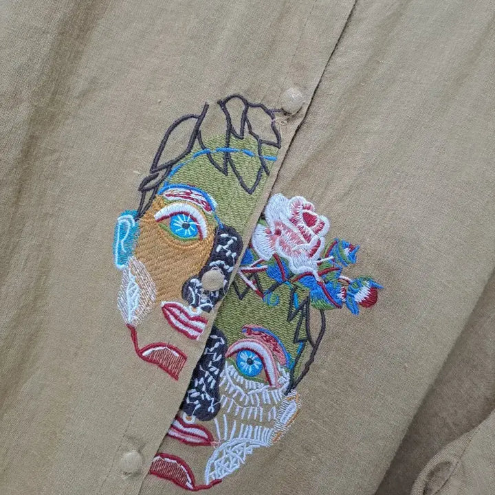 [BUNJANG] Linen Face Stitch Embroidered Mustard Shirt Blouse / 린넨 얼굴스티치 자수 머스타드 셔츠 블라우스