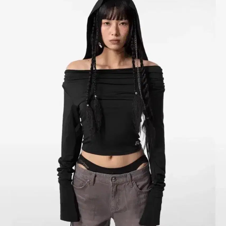 [BUNJANG] LEEY YEEL Ribbon Drape Hoodie Top Black / LEEY YEEL HOODIE RIBBON DRAPE TOP BLACK