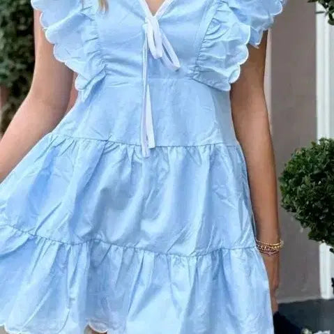 [BUNJANG] Frilled Short Sleeve Mini Dress - Sky Blue / 프릴 반팔 미니 원피스 스카이 블루 수입