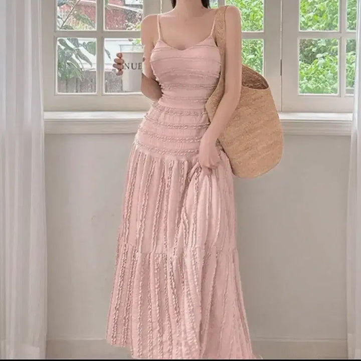 [BUNJANG] Summer Pink Tank Top and Skirt Set / 여름 핑크 나시 스커트 세트 투피스 휴양지룩 (캡포함)