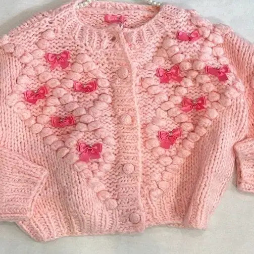 [BUNJANG] Pink Ribbon Knit Cardigan / 핑크 리본 장식 니트 가디건