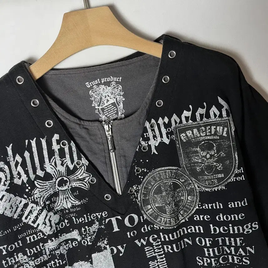 [BUNJANG] JPN Punk Layering Eyelet T-Shirt Black / [JPN] 재팬 펑크 레이어링 아일렛 티셔츠
