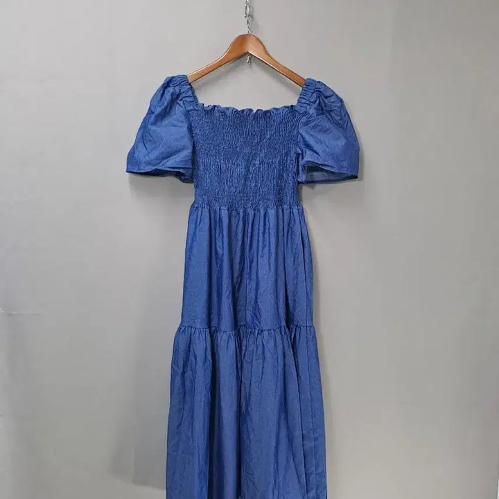 [BUNJANG] Denim Puff Sleeve Shirred Long Dress / 청 데님 밴드셔링 퍼프 롱 원피스