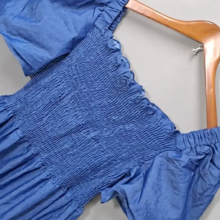 [BUNJANG] Denim Puff Sleeve Shirred Long Dress / 청 데님 밴드셔링 퍼프 롱 원피스