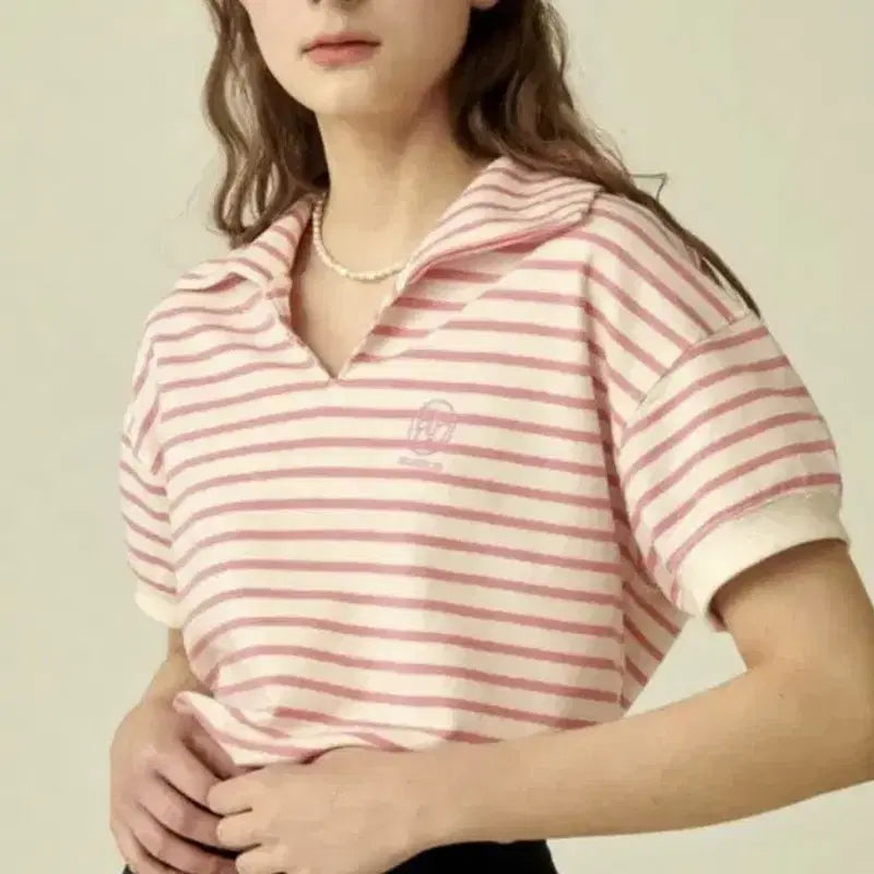 [BUNJANG] RONRON Stripe Collar Short Sleeve T-Shirt / RONRON 론론 스트라이프 카라 반팔티