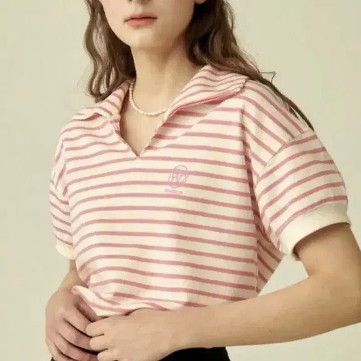 [BUNJANG] RONRON Stripe Collar Short Sleeve T-Shirt / RONRON 론론 스트라이프 카라 반팔티