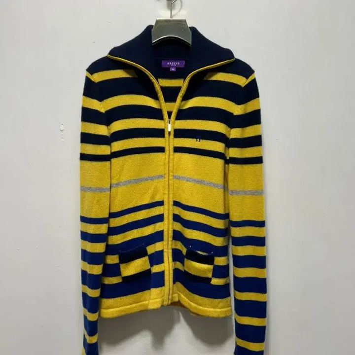 [BUNJANG] Hazzys Yellow/Navy Stripe Zip-Up Cardigan (Size S) / 헤지스 노랑/네이비 스트라이프 집업 가디건 S