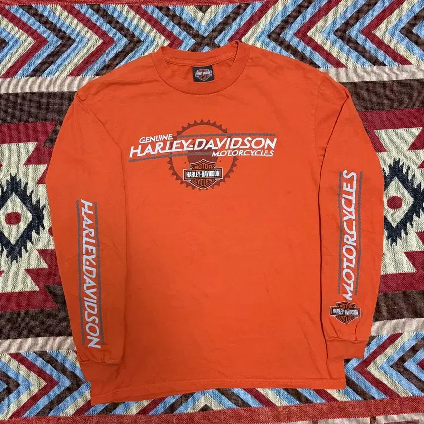 [BUNJANG] Harley-Davidson Long Sleeve T-Shirt Orange / L) 할리데이비슨 소매 로고 긴팔 티셔츠 오렌지