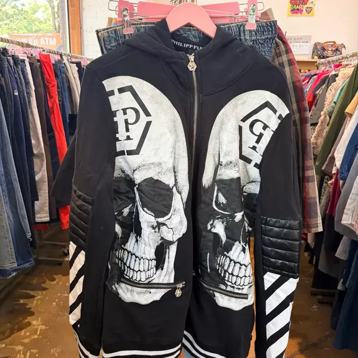 [BUNJANG] Philipp Plein Skull Print Black Hoodie Zip-Up / 필립플레인 해골 프린팅 블랙 후드집업