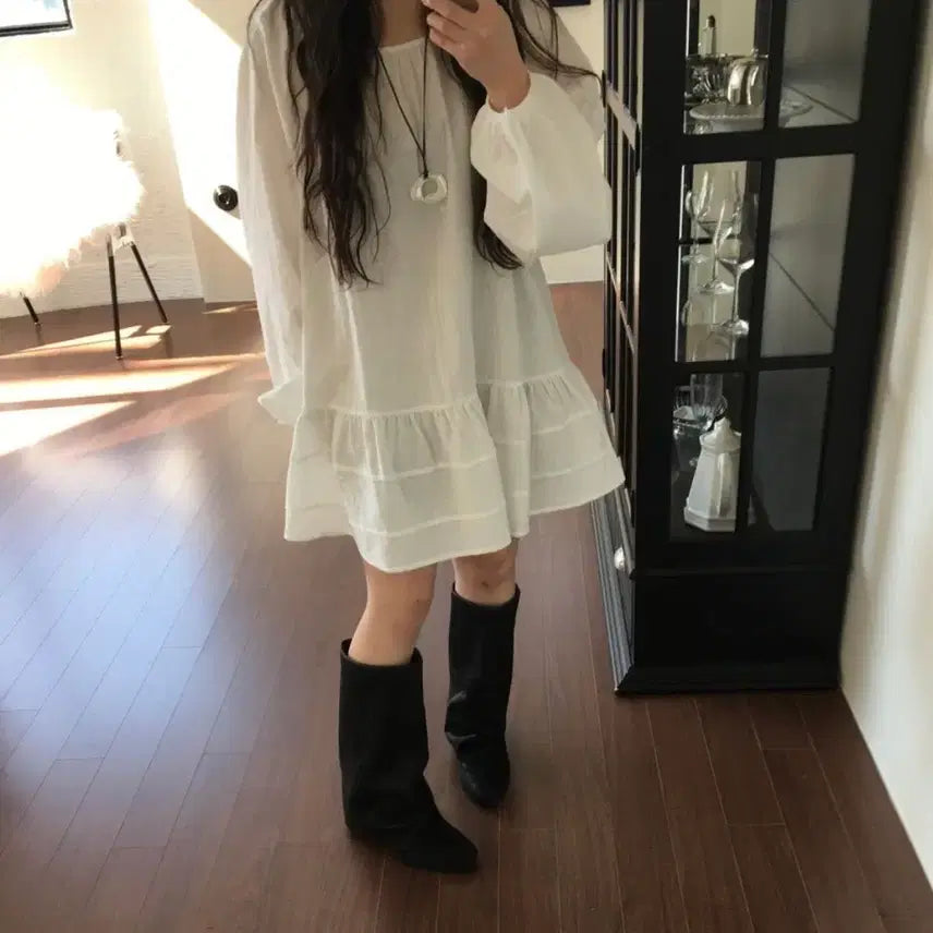 [BUNJANG] Avandy Joy Frill Pintuck Balloon Long Sleeve Mini Dress / 아방듀 조이 프릴 핀턱 벌룬 긴팔 미니 원피스