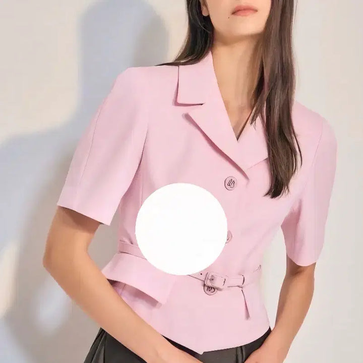 [BUNJANG] Obzee Baby Pink Short-Sleeve Belted Jacket / 오브제 베이비핑크 반팔 벨티드 자켓