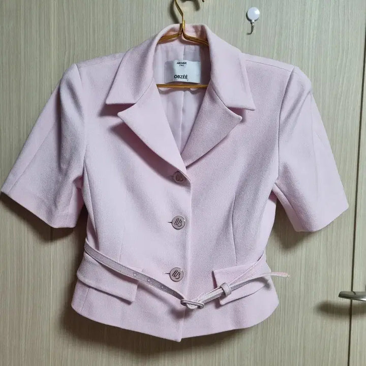 [BUNJANG] Obzee Baby Pink Short-Sleeve Belted Jacket / 오브제 베이비핑크 반팔 벨티드 자켓