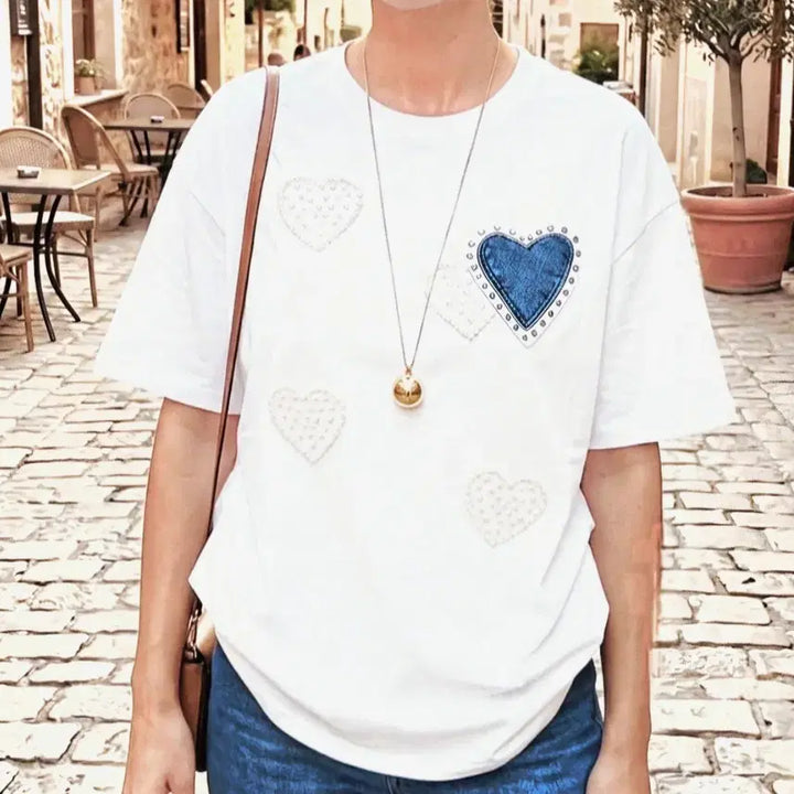 [BUNJANG] Heart Print White Cotton T-Shirt / 새상품 하트프린팅 화이트 반팔 면티셔츠