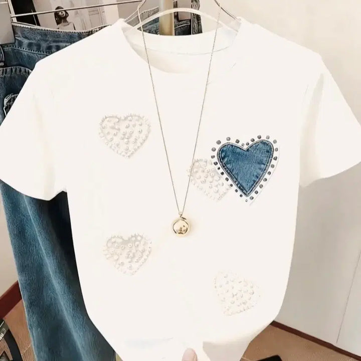 [BUNJANG] Heart Print White Cotton T-Shirt / 새상품 하트프린팅 화이트 반팔 면티셔츠
