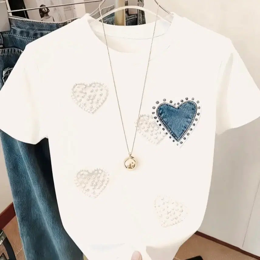 [BUNJANG] Heart Print White Cotton T-Shirt / 새상품 하트프린팅 화이트 반팔 면티셔츠