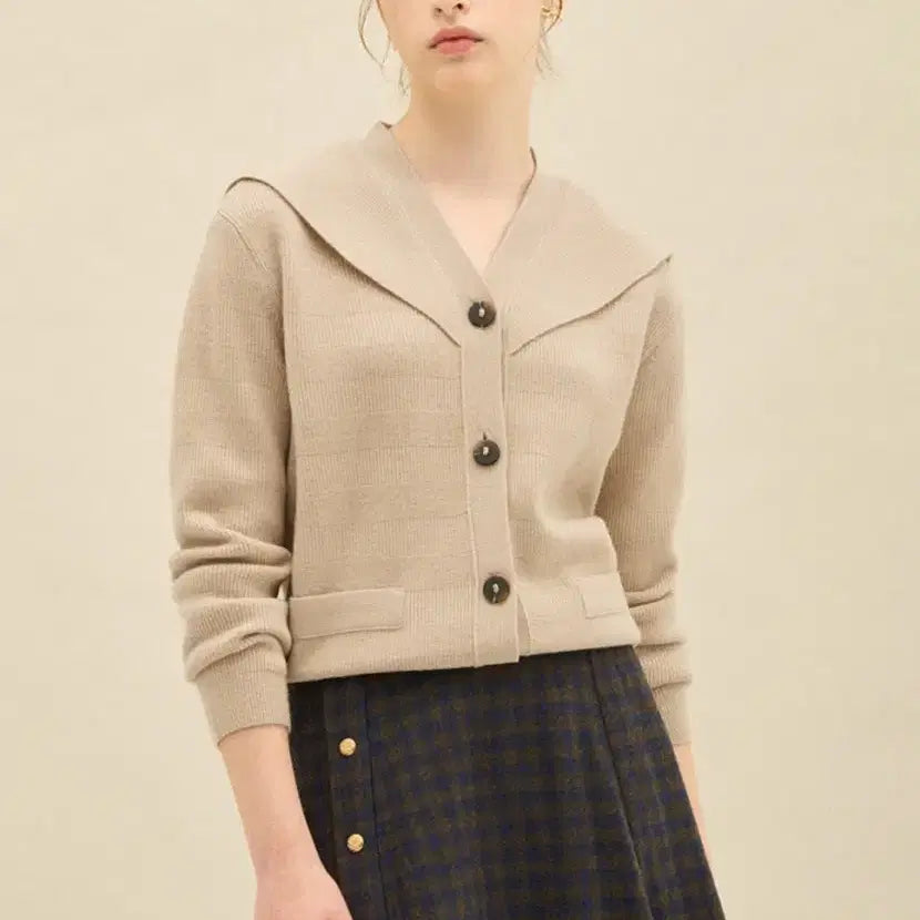 [BUNJANG] SJSJ Beige Collar Knit Cardigan / 한섬 sjsj 베이지 카라넥 니트 가디건
