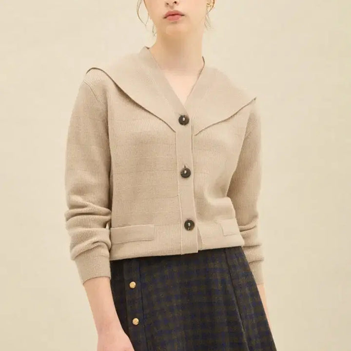 [BUNJANG] SJSJ Beige Collar Knit Cardigan / 한섬 sjsj 베이지 카라넥 니트 가디건