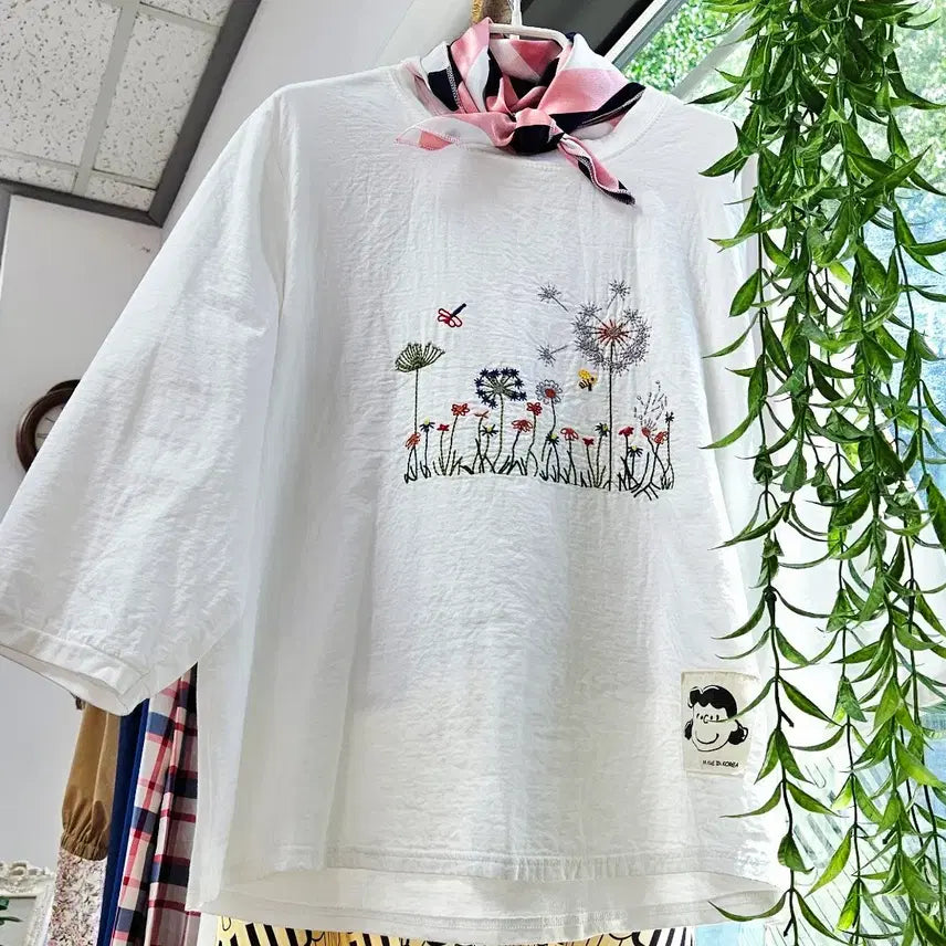[BUNJANG] Ivory Embroidered 7-Sleeve T-Shirt (Size 77+) / [새상품]아이보리 자수 7부 티셔츠(77~)