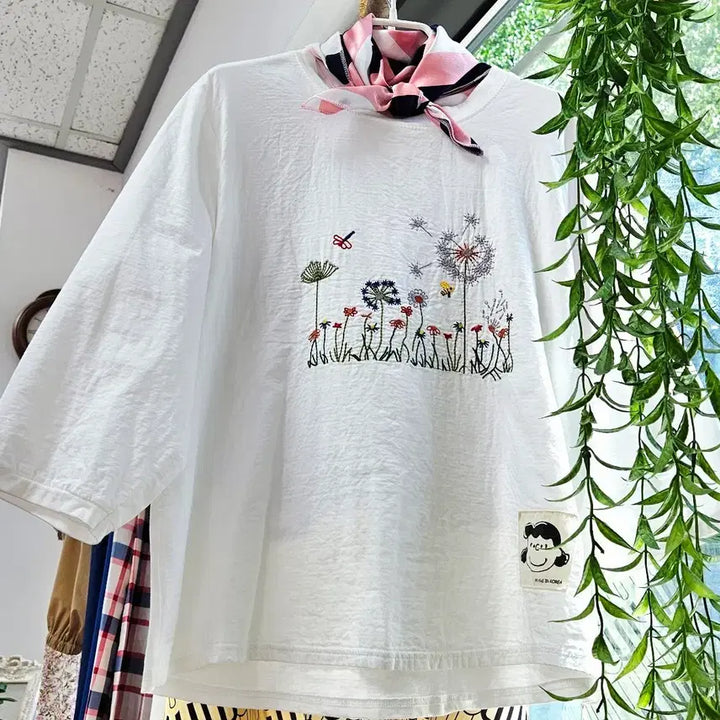 [BUNJANG] Ivory Embroidered 7-Sleeve T-Shirt (Size 77+) / [새상품]아이보리 자수 7부 티셔츠(77~)