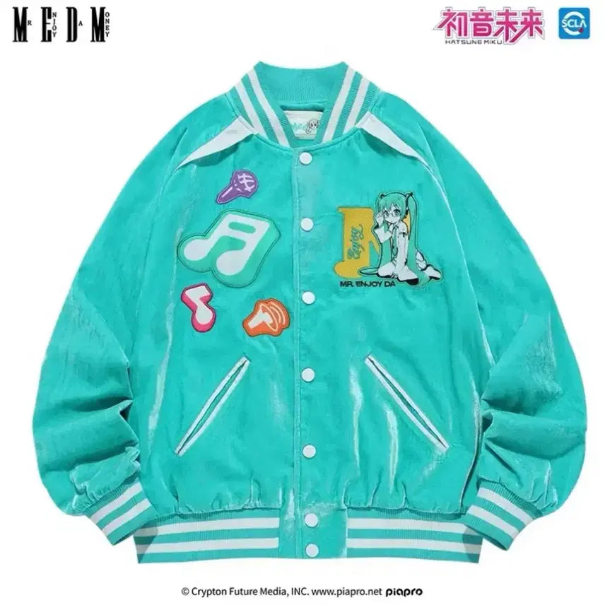 [BUNJANG] MEDM x Hatsune Miku Collaboration Velvet Embroidered Patch Stadium Varsity Jacket / MEDM X 하츠네미쿠 콜라보 벨벳 자수 패치 스타디움 바시티 자켓